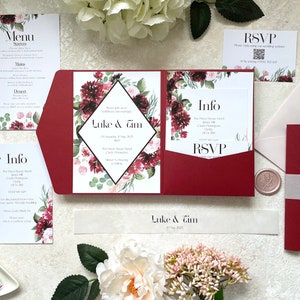 Elegante Hochzeitseinladungen im Taschenformat mit Aquarellblumen und QR-Code-RSVP – inklusive Umschlageinlage und Wachssiegeloption