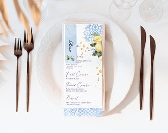 Printed and Personalised Sicilian Wedding Menu Cards individualised for each guest. Lemons and tiles with paper clip and name