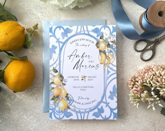 Lemon & Blue Tile Wedding Invitations. Sicilian/Tuscan/Mediterranean Themed Destination Wedding Invitation. Non-personalised sample. Printed