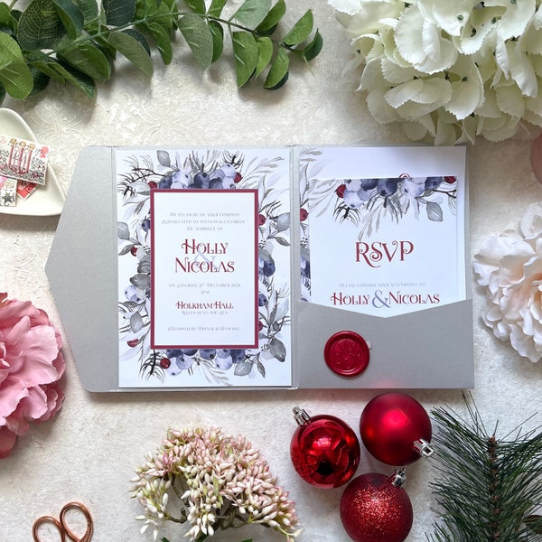 Winter Pocket Fold Wedding Invitation. Winter/Christmas Theme with wax seal, RSVP Card & Guest Information. Non-personalised sample.