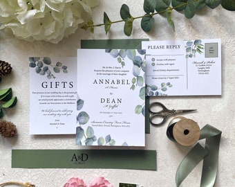 Eucalyptus Wedding Invitation Set. With RSVP, Guest Info/Menu. Classic style, greenery. Personalised with your details, printed.