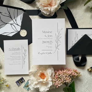 Suite de faire-part de mariage botanique minimaliste avec feuillage dessiné au trait | personnalisées et imprimées | RSVP, carte d'invité, doublure d'enveloppe