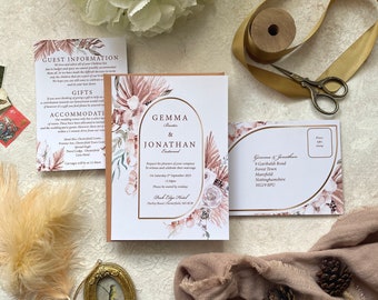 Boho WeddingInvitation Set. Terracotta envelopes. Personalised with your details and professionally printed. RSVP & guest information.