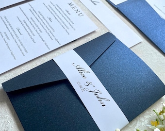 Navy wedding invitation non-personalised sample set. blue pocket fold with RSVP card & guest Information/menu full suite. 5x7 with envelopes