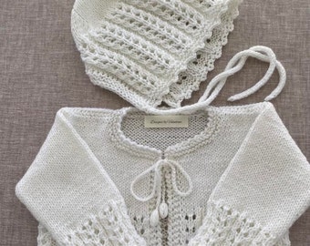 Hand knit Set of 2 White cardigan and Bonnet,Christening sweater Set,Lace cardigan,Flower Girl, Baby Girl White Cardigan