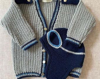 Hand Knitted Baby Cardigan and Hat Set, Grey & Navy Blue, Newborn Outfit