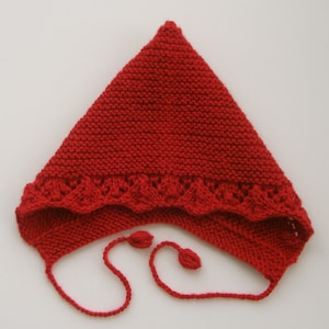 Hand Knit Merino Wool Blend Pixie Hat: Red & White Baby Bonnet
