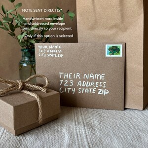 May include: A brown paper envelope with a handwritten note inside. The envelope is addressed to "YOUR NAME 123 ADDRESS CITY STATE ZIP" and has a stamp with a green frog on it. The envelope is sitting on a white surface next to a small brown box with a twine bow.