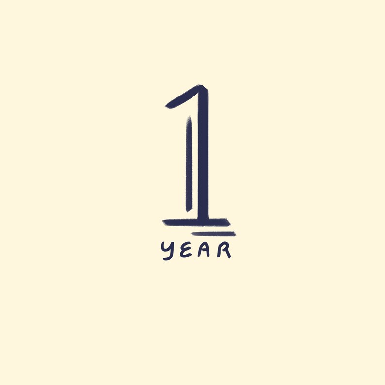 May include: A hand-drawn illustration of the number one with the word "year" written below it.