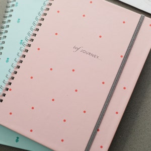 A close up showing the colour of the ivf journey planner, detailing the pink spot design on the top of the pile and the mint pineapple design underneath.