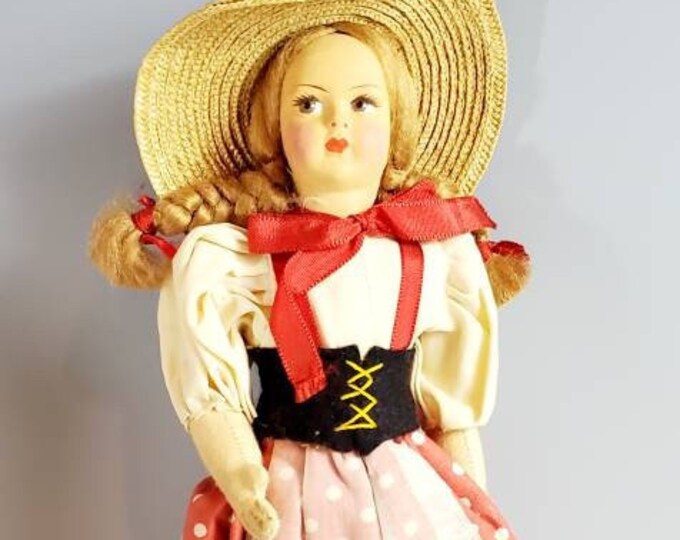 Vintage Cloth Doll, Painted Face, Mohair Braided Wig, Farmgirl Dress