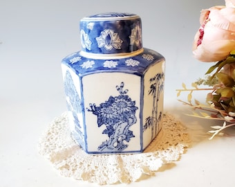 Vintage gemberpot, blauw en wit porseleinen pot, vintage vaas, huwelijkscadeau, housewarming cadeau, vaderdagcadeau, schatten aan de Golf