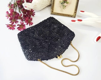 Midcentury Black Beaded Purse, Sequined Bag, Formal Clutch, Evening Bag, Mothers Day Gift, Gifts for her, Treasures by Gulf