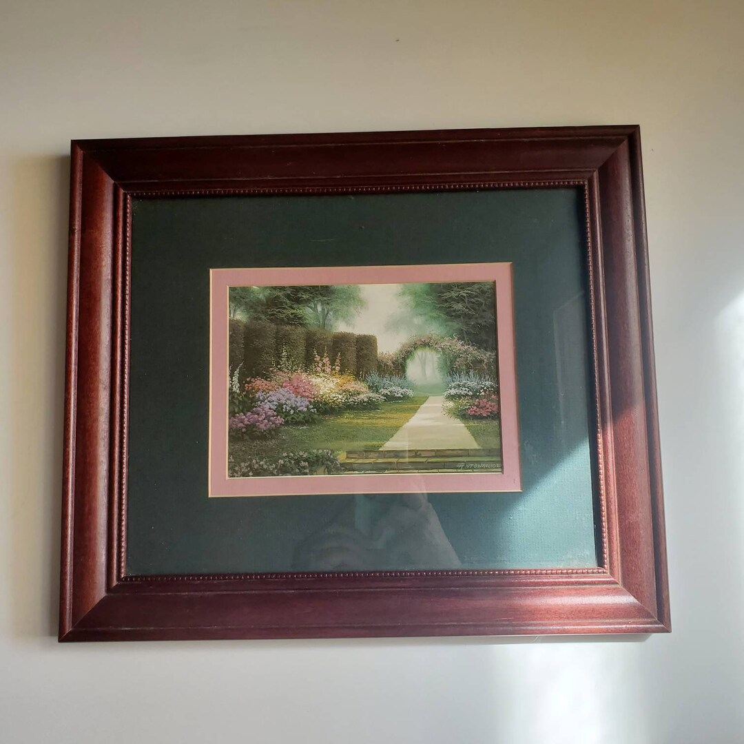 1990s Framed Garden Scene Print, Wood Frame, Glass, Mats, Home Decor ...