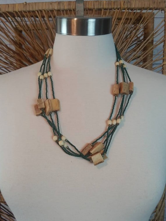 Vintage Wood and Bead 24 Inch Necklace, Bohemian … - image 1