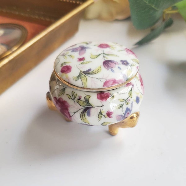 Vintage Miniature Vanity Jar, Vintage Budoir Dish, Lidded Dish, Footed Jar, Ladies Budoir Dish, Floral Pattern, Treasures by the Gulf