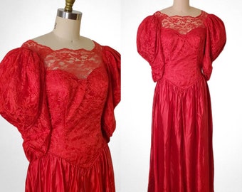 S M Red Cocktail Dress, Union Label, Satin Formal Evening Dress, Tea Length, Midi Dress, Puffy Sleeves, Treasures by the Gulf, Cocktail Gown