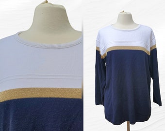 L 1980s Pullover Sweater, Blue White Gold Top,  Clothes by Jacquelyn Smith, 1980s Top, 1980s Fashion, Women's Clothes, Treasures by the Gulf