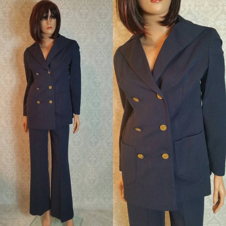 1960s Alfred Weber Navy Blue Pants Suit for Ladies Size 4 Vintage 1960s MOD Retro Hipster Clothing I High Waisted Pants and Blazer 1960s