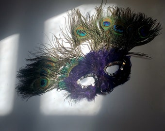 Adult Mask with Peacock Feathers, Adult Halloween Mask, Adult Halloween Costume, Theatre Mask, Cosplay, Treasures by the Gulf