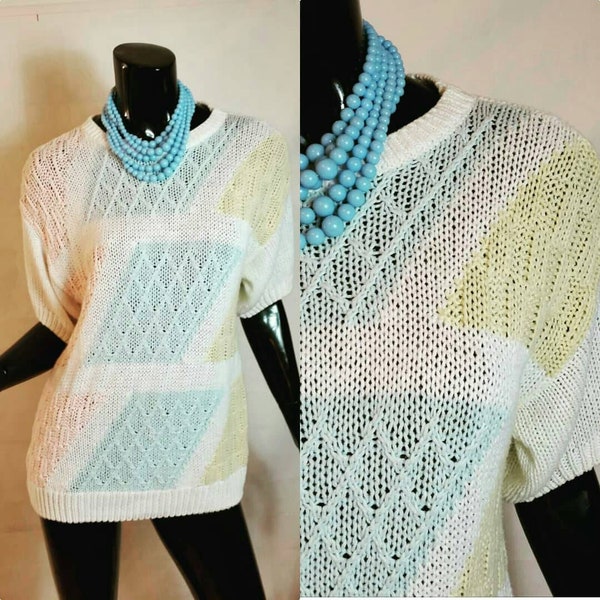 Vintage 1980s Sweater Blue White and Yellow Abstract Design l Fall Winter Sweater l Vintage 1980s Fashions 1980s Oversized Sweater Sz Medium