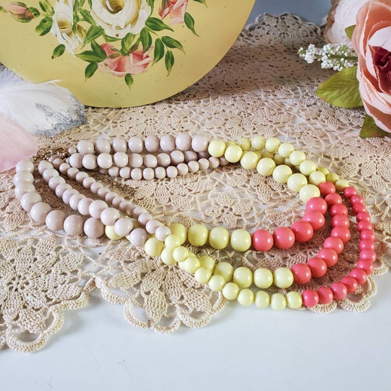 Yellow Beige and Orange Necklace, 3 Strand Choker… - image 1