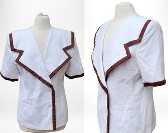 L Vintage Karen Scott Blazer: Plus Size 14, White with Brown Trim