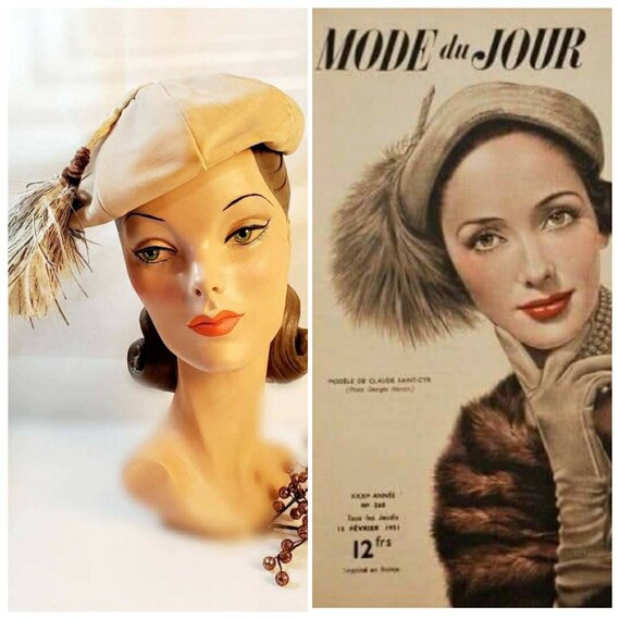 Midcentury Velvet Beret with Marabou Feather Tasse