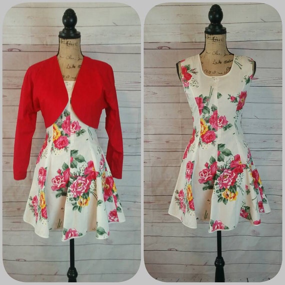 Juniors Red Bolero Jacket Flowered Dancing Dress w