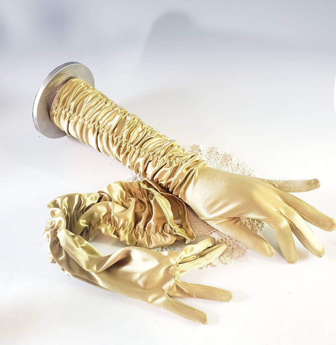 Long Gold Gloves, Made in Hong Kong, Ruched Sides, Elbow Length Gloves, OSFM, Cocktail Gloves