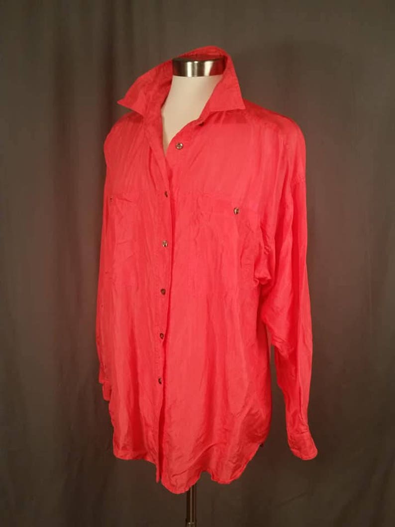 1980s Neon Orange Silk Short Sleeve Oversized Top Blouse for Ladies Size Small by Beaute l Bright Orange Pink Top l 1980s Fashions