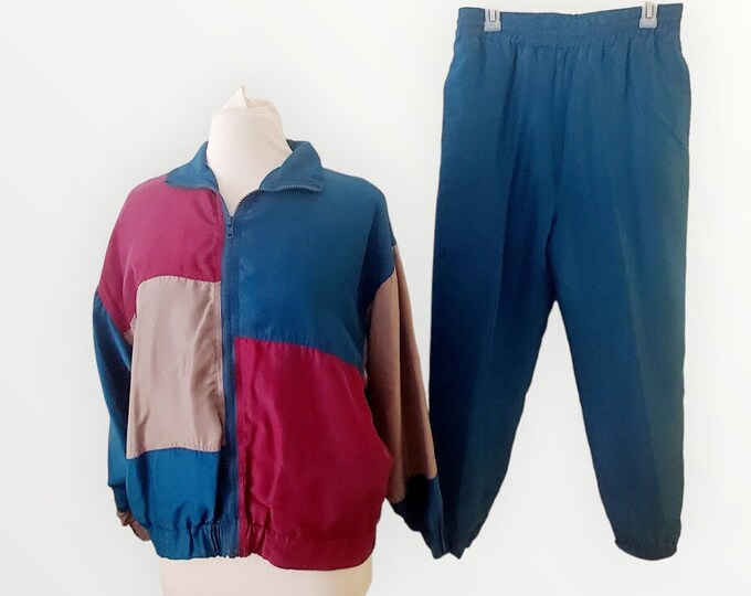 1980s Silk Jogging Suit, Windbreaker Plus Elastic Waist Pants, Womens