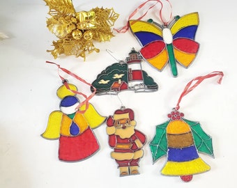 Set of 5 Ornaments, Stained Glass Style, Vintage 1970s 1980s, Christmas Tree Ornaments, Holiday Decor, Treasures by the Gulf