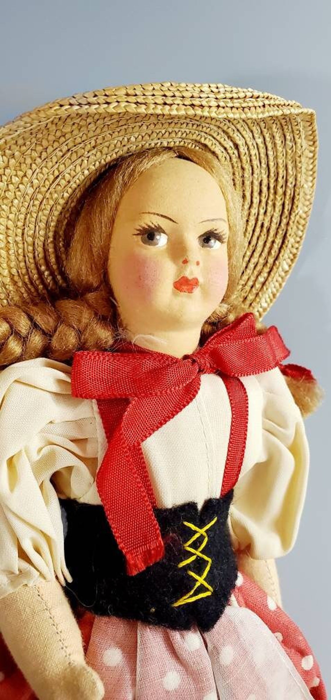 Vintage Cloth Doll With Painted Face Mohair Braided Wig Etsy