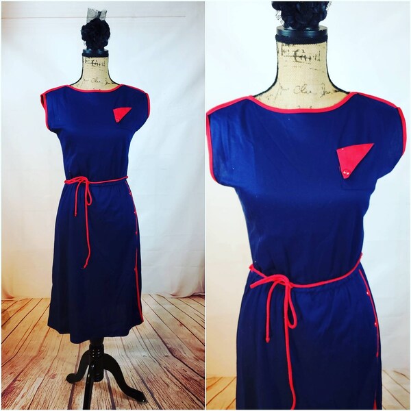 1940s Style Dress One Piece Sheath Dress Sleeveless with Elastic Waist Matching Sash and Button Side l Vintage 1980s Dress l Pin Up Mad Men