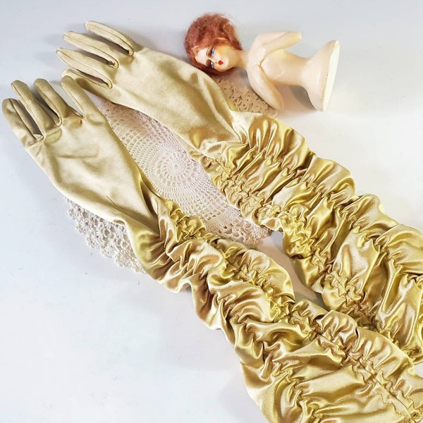 Long Gold Gloves, Made in Hong Kong, Ruched Sides, Elbow Length Gloves, OSFM, Cocktail Gloves, Formal Gloves, Treasures by the Gulf