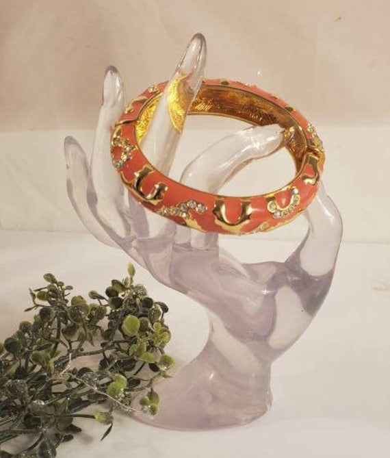Joan Rivers Art Deco Coral Gold and Rhinestone cla