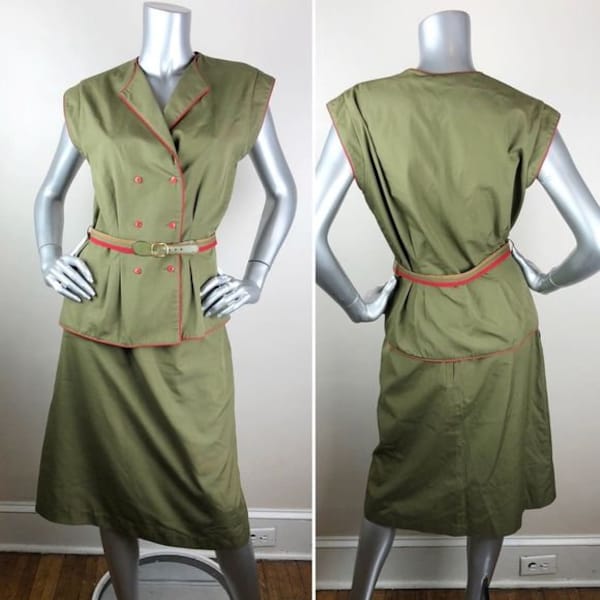 L XL Sasson Suit, 2 Piece Dress Set, Olive Green with Red Trim, Midi Skirt Set, 1970s 1980s Womens Fashions, Treasures by the Gulf