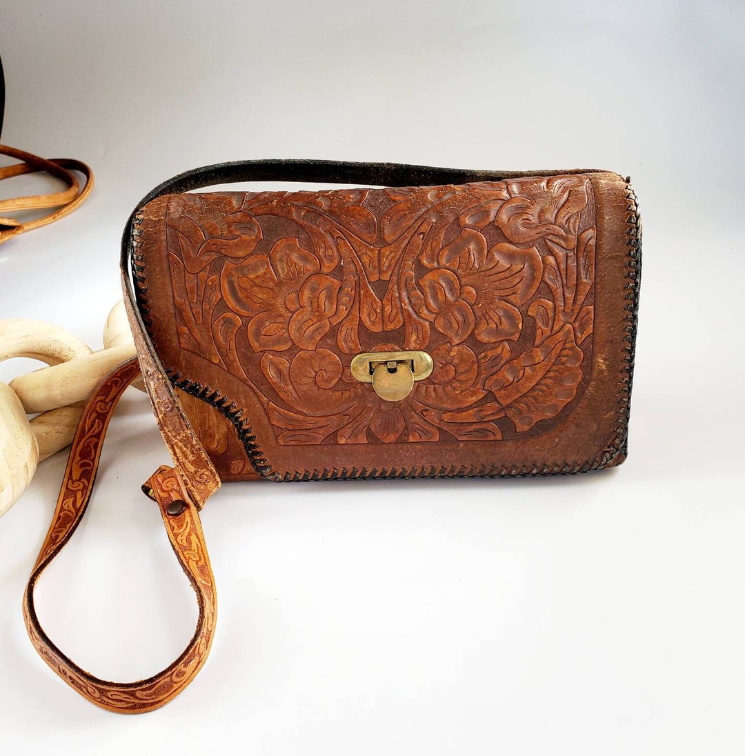 Tooled Leather Shoulder Purse Long Strap Bag Vintage 1970s Etsy
