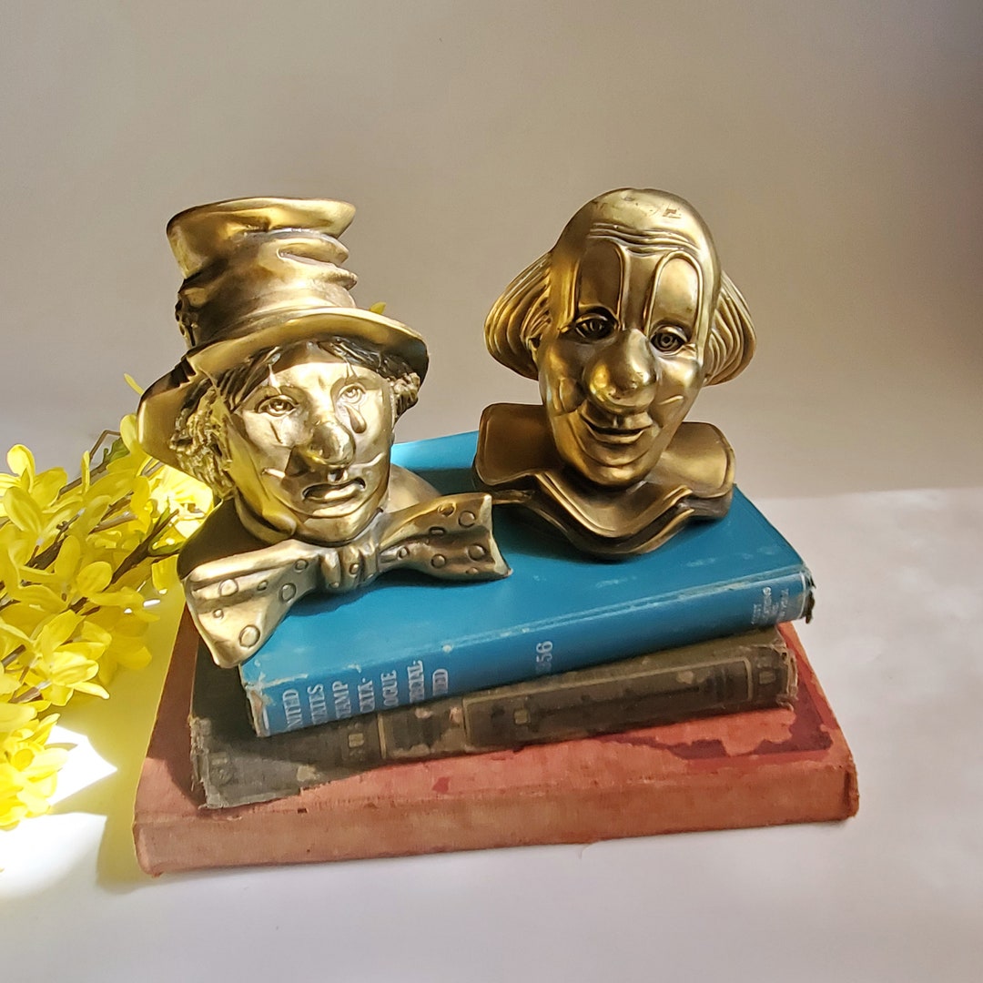 Brass Clown Bookends, Theatre Faces, Tragedy and Comedy Bookends, Brass