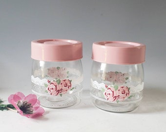 Choose 1 or 2 Carlton Jars,  Floral with Pink Lids, Dresser Set, Entryway Decor, Cottage Core, Treasures by the Gulf, Gifts for Her