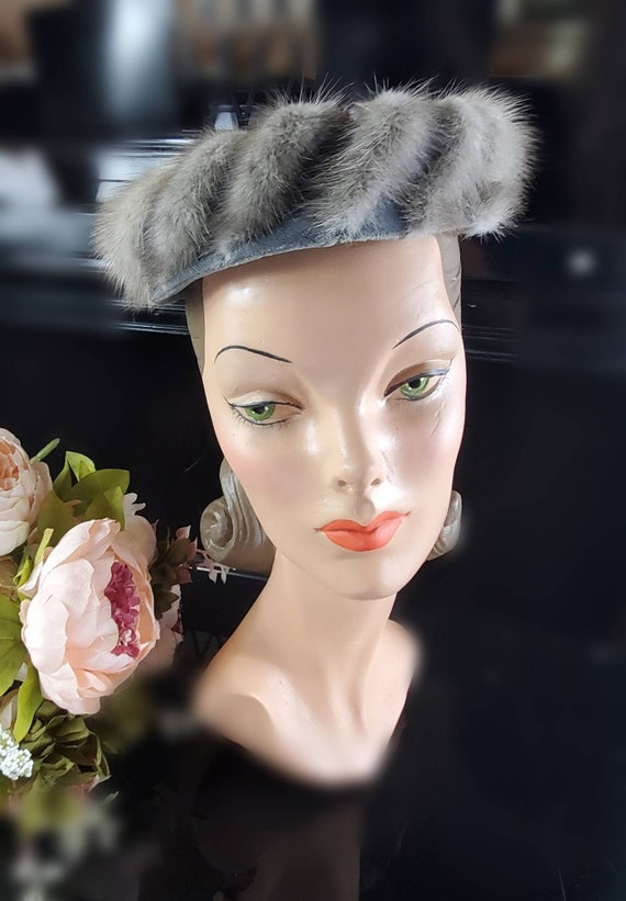 Authentic Gray Fur Fascinator Topper Hat Vintage 1