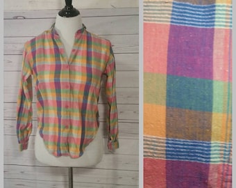 XS S Color Block Top, 80s Middy British Raj, Kids Plaid Shirt, Rainbow Plaid Boho Style Top, Long Sleeve Blouse, Gift Ideas, Treasures