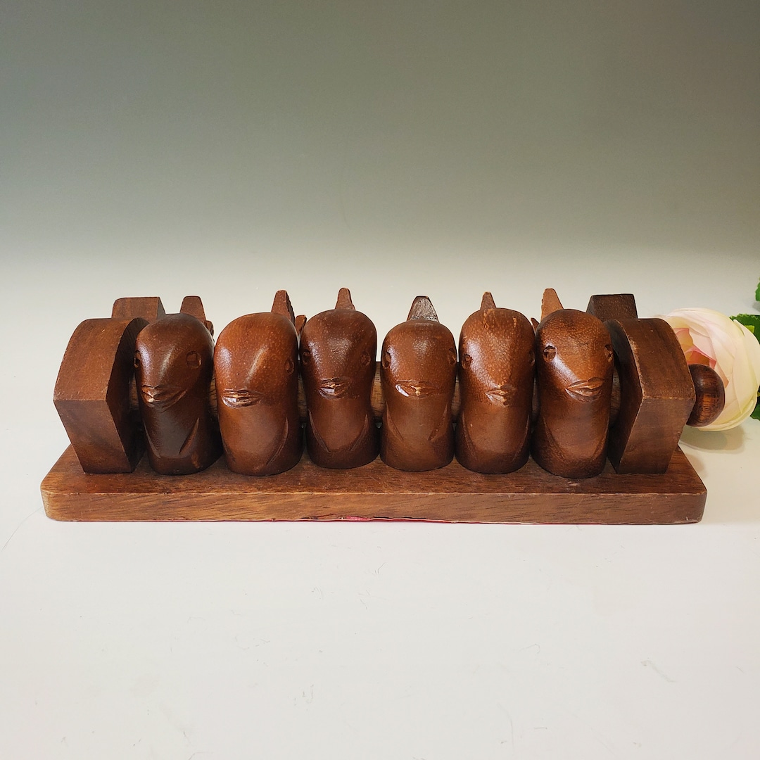 Wood Bird Napkin Rings With Holder, Vintage Hand Carved Wooden Napkin