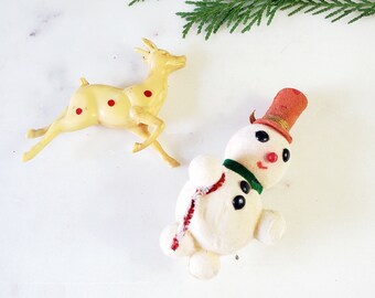 Celluloid Deer, Vintage Snowman Ornament, Vintage Celluloid Reindeer Ornament, 1940s Christmas, 1950s Holiday Decor, Treasures by the Gulf