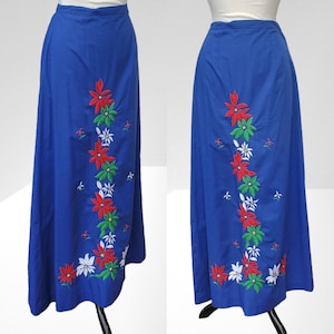 S M 1970s Maxi Skirt, Embroidered Floral Blue Skirt, Boho Hippie Flower Child Skirt, 1970s Fashions, Long Skirt, Treasures by the Gulf