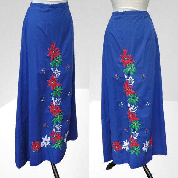 S M 1970s Maxi Skirt, Embroidered Floral Blue Skirt, Boho Hippie Flower Child Skirt, 1970s Fashions, Long Skirt, Treasures by the Gulf