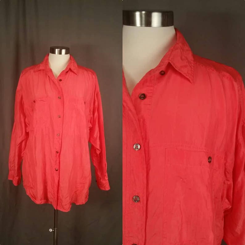 1980s Neon Orange Silk Short Sleeve Oversized Top Blouse for Ladies Size Small by Beaute l Bright Orange Pink Top l 1980s Fashions