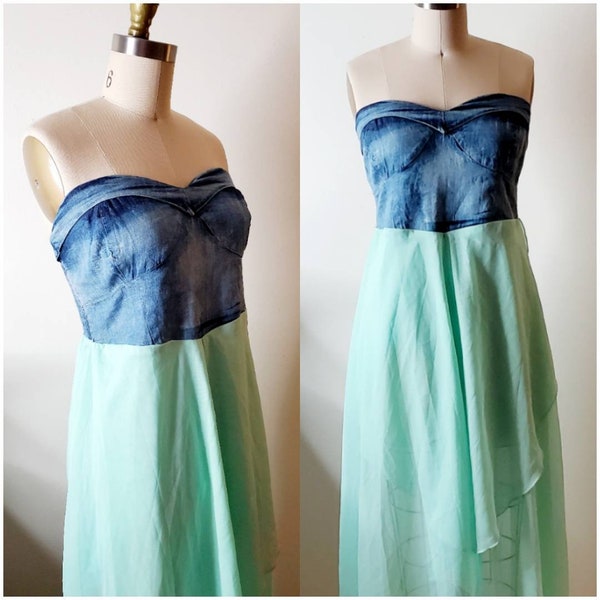 S M Strapless Beach Dress, Denim Top with Sheer Skirt, Boho Style Clothes, Summer Dress for Women, Treasures by the Gulf