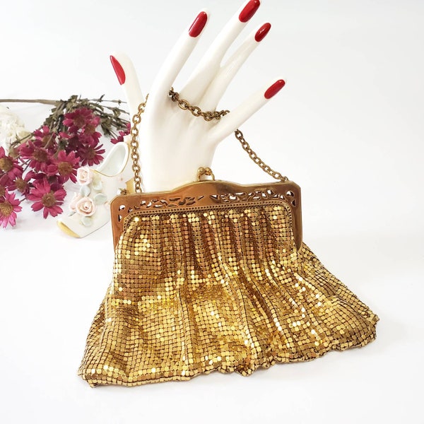 Whiting and Davis Gold Mesh Purse, Cocktail bag, Evening Bag, 1950s Purse, Top Handle Bag, Mothers Day Gift, Treasures by the Gulf